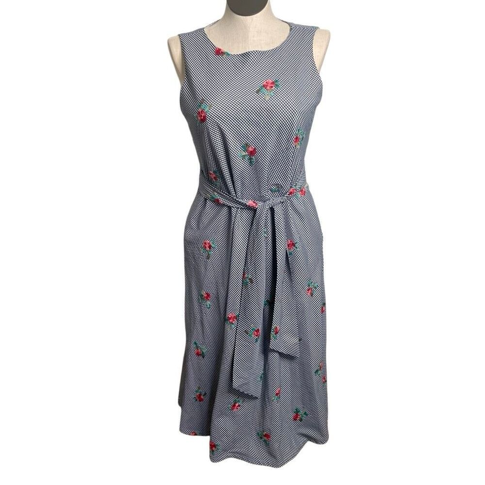 Anne Klein Womens Gingham Midi Dress 10 Floral Embroidered Bias Skirt Fit Flare